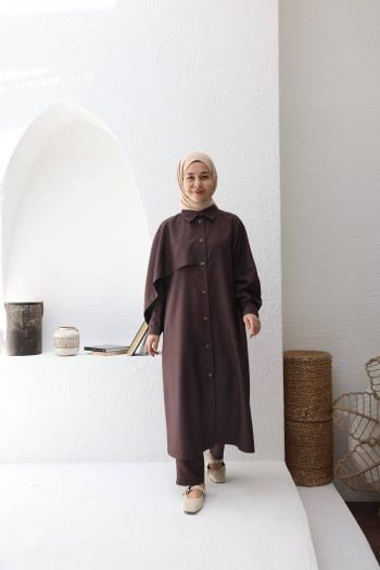 Linen Trenç Gömlekli Takım Kestane Kahvesi