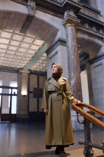 Deri Trençkot Yağ Yeşili